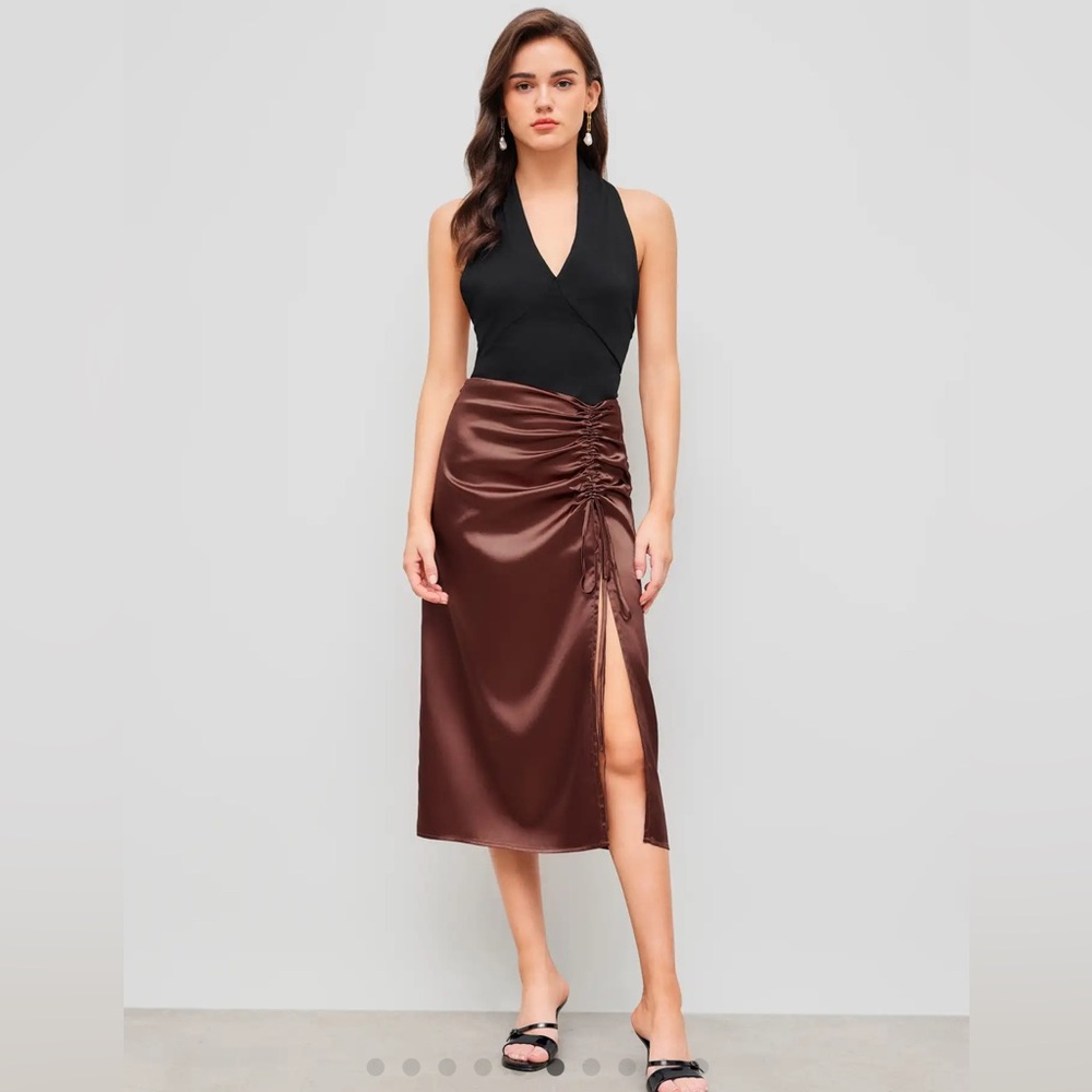 Cider Asymmetrical Satin Skirt in Rich Brown